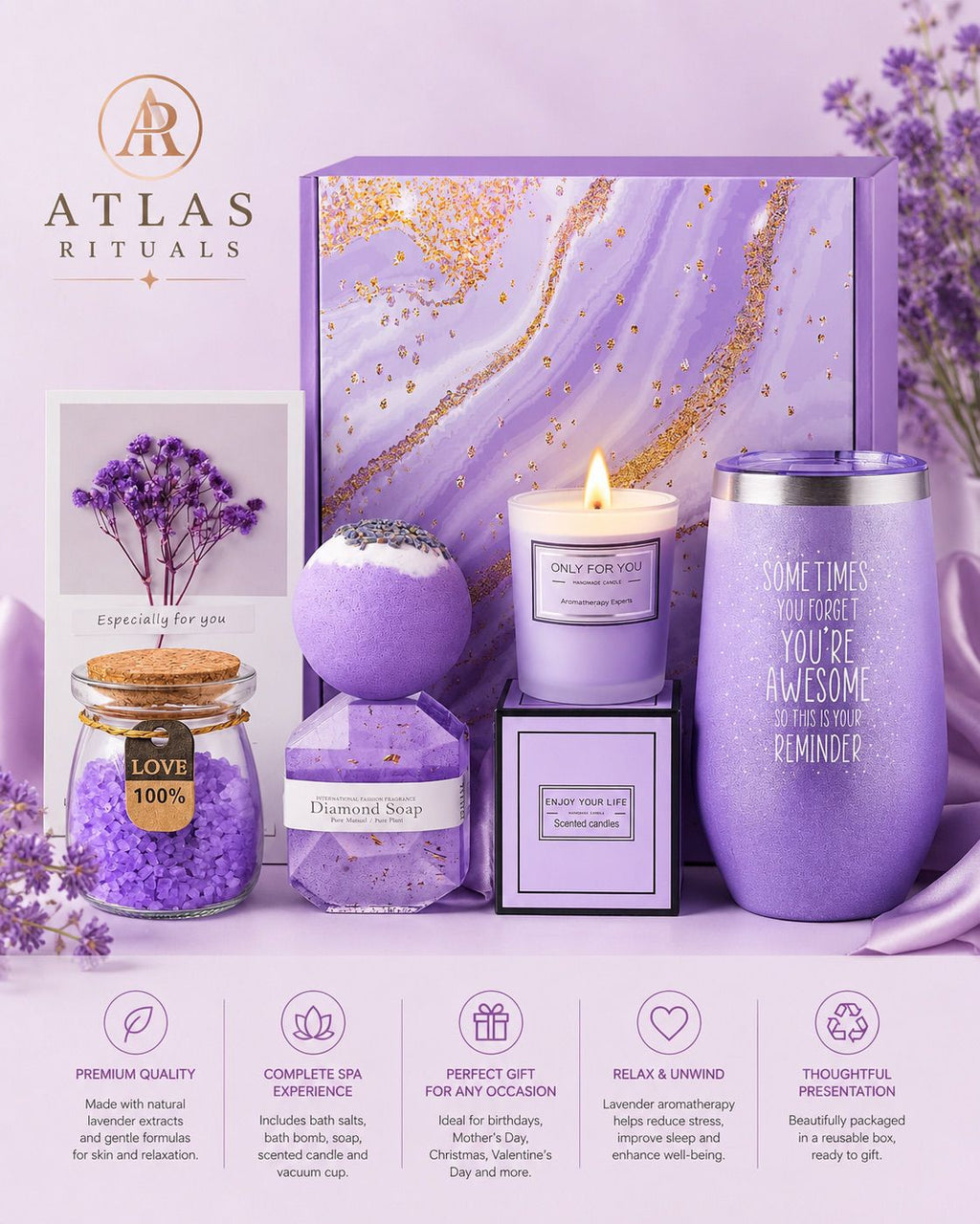 Lavender Calming Retreat Spa Gift Basket Set - Perfect Birthday, Christmas, Valentine's Day & Mothers Day Gift